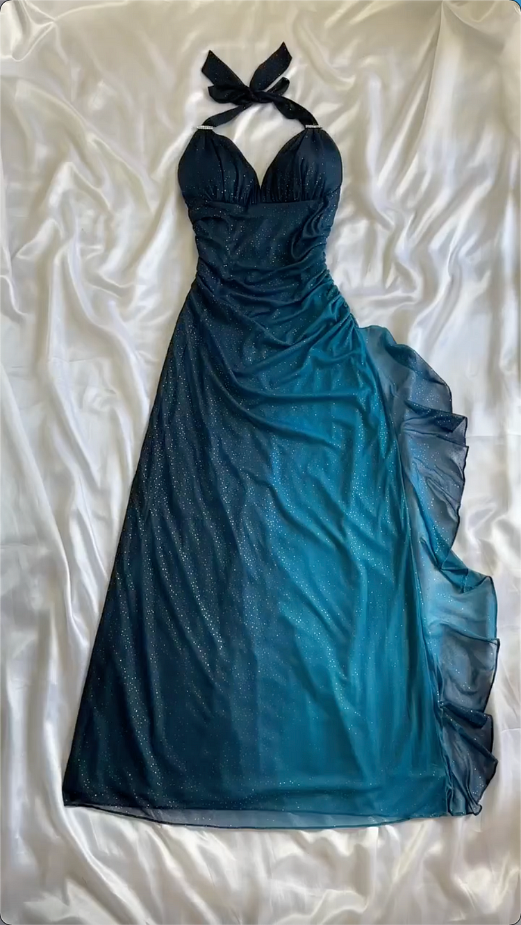 Chic A line Straps Long Prom Dress Chiffon Ombre Blue Prom Dresses Evening Dress