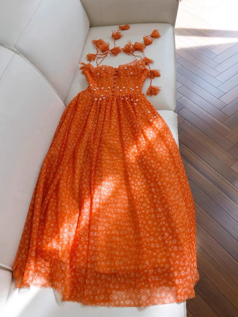 Chic A line SPaghetti Straps Prom Dress Organge Tulle Prom Dresses Evening Dress