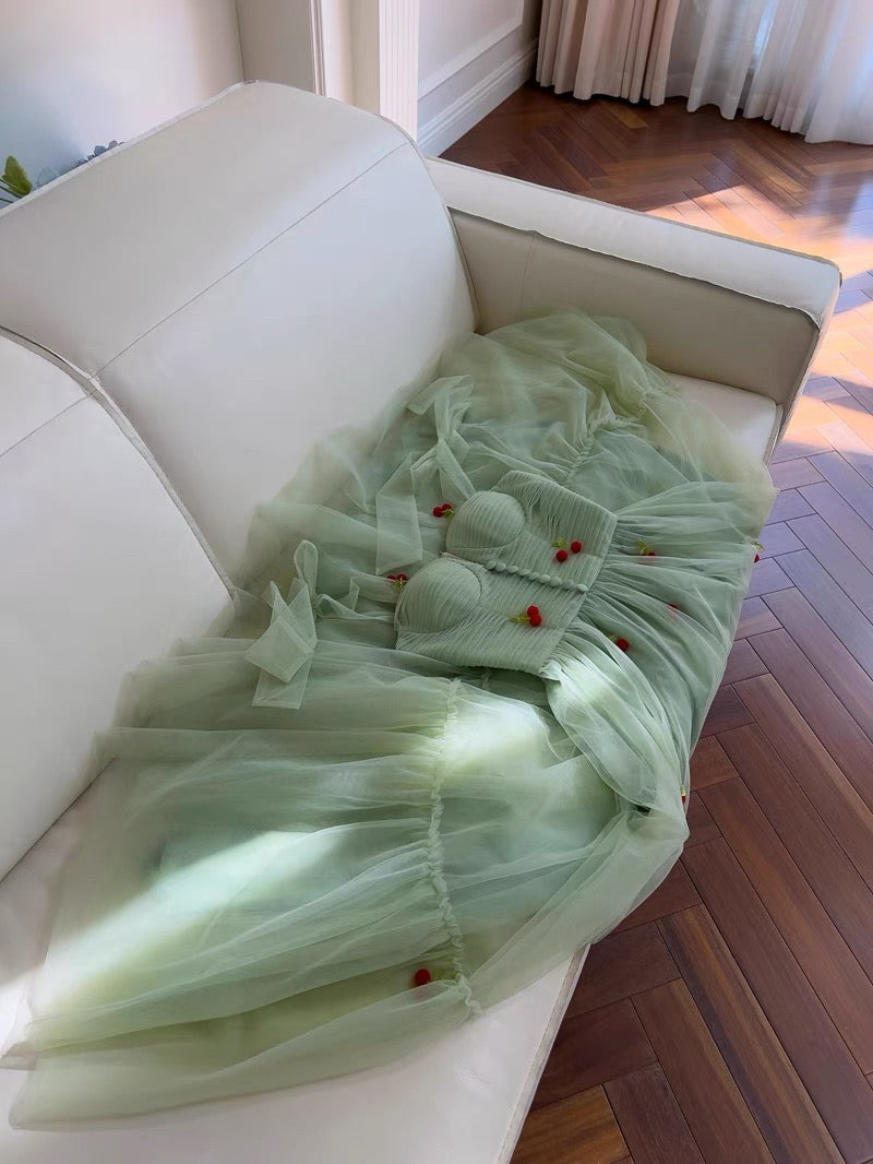 Cute A line Spaghetti Straps Mint Green Tulle Homecoming Dresses Simple Prom Dress With Cherry