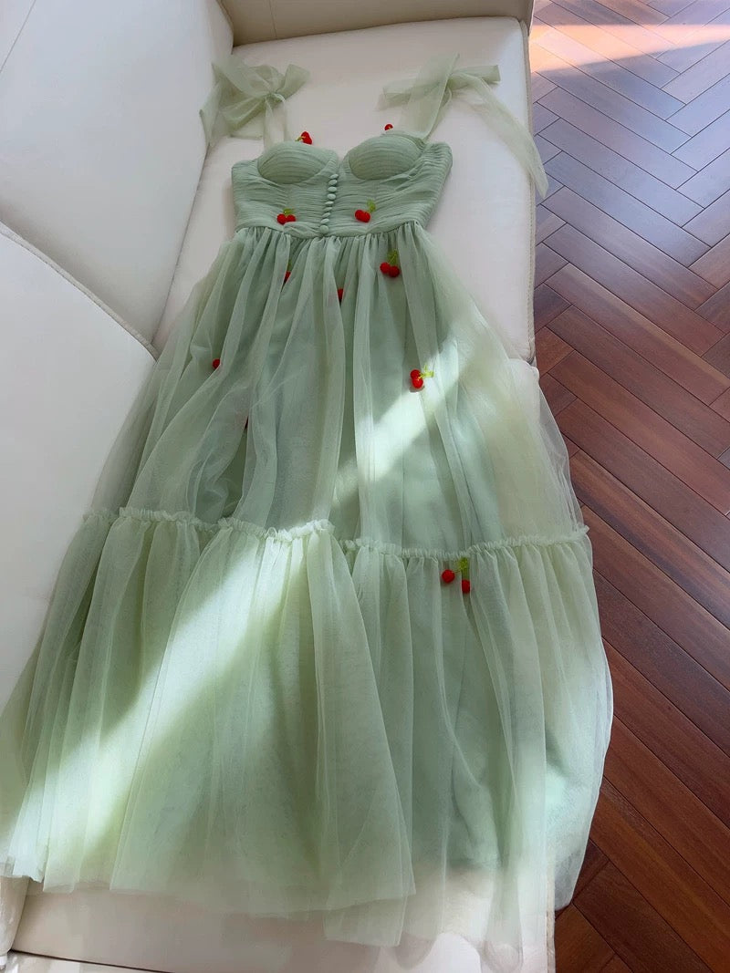 Cute A line Spaghetti Straps Mint Green Tulle Homecoming Dresses Simple Prom Dress With Cherry