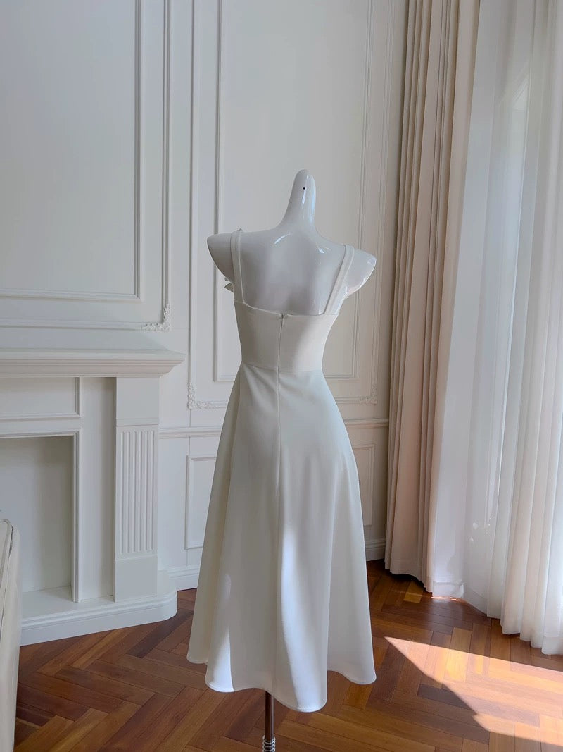 Simple A line Straps White Tea Lenghth Prom Dresses Simple Party Dress