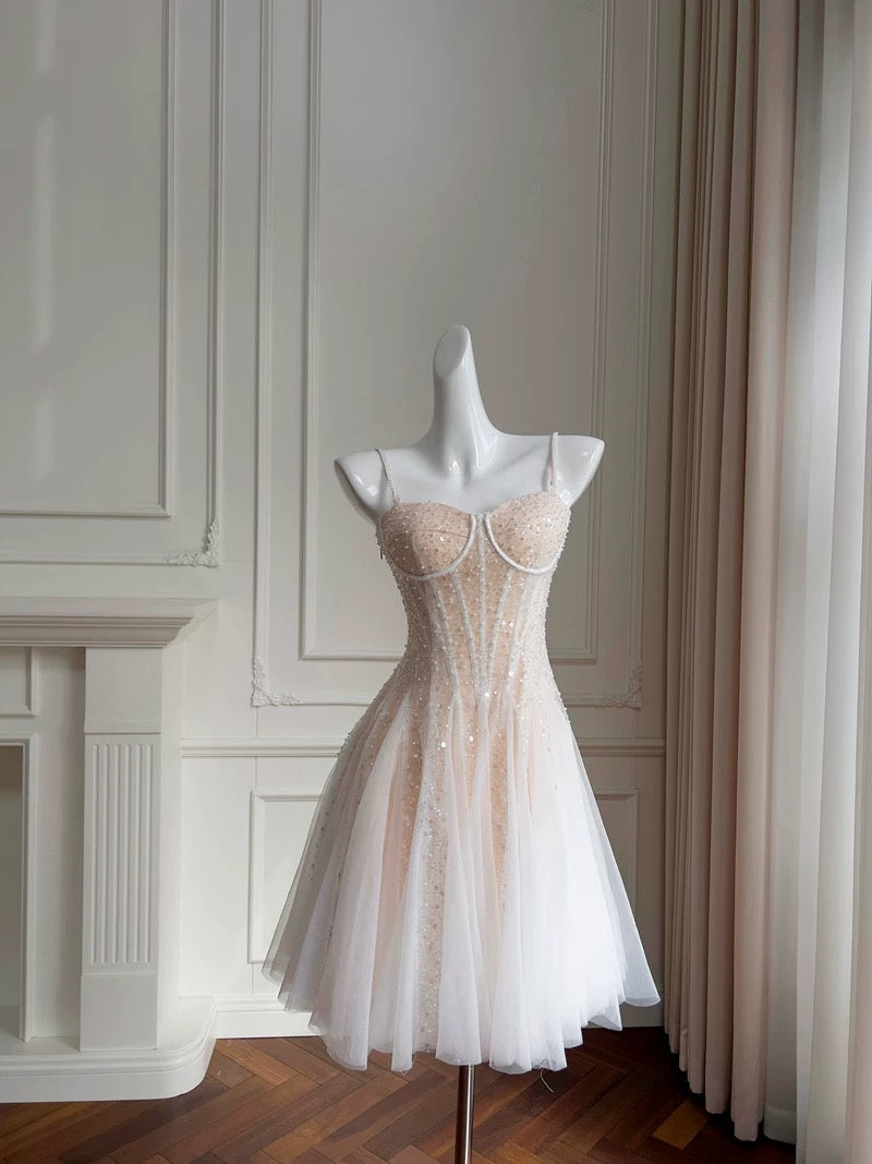 Cute A line Spaghetti Straps Champagne Short Sequin Homecoming Dresses Cocktail Dress