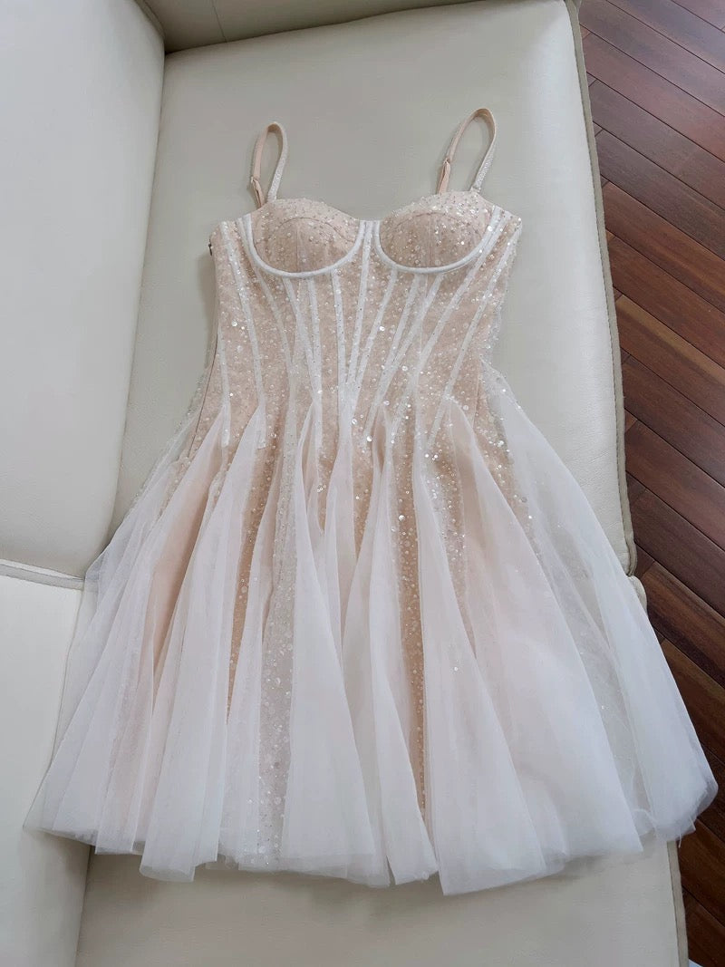 Cute A line Spaghetti Straps Champagne Short Sequin Homecoming Dresses Cocktail Dress