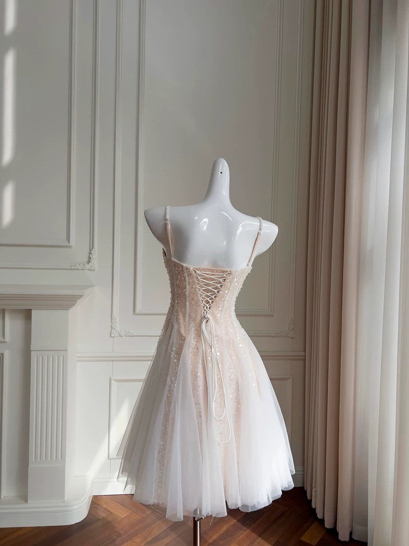 Cute A line Spaghetti Straps Champagne Short Sequin Homecoming Dresses Cocktail Dress