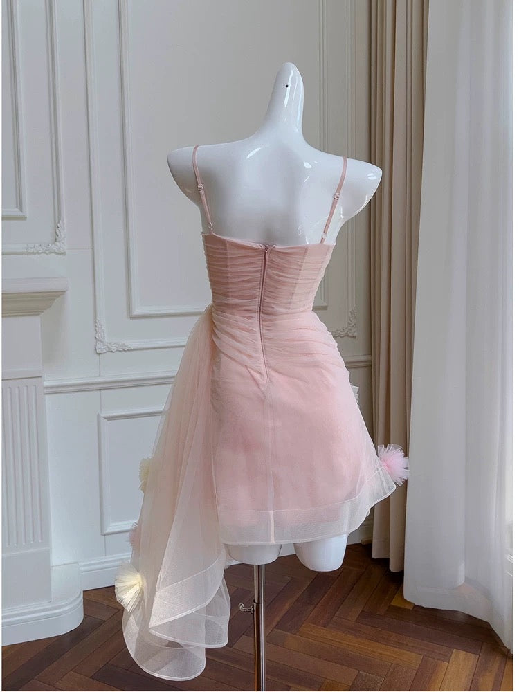 Cute Sheath Spaghetti Straps Pink Short Tulle Homecoming Dresses Cocktail Dress
