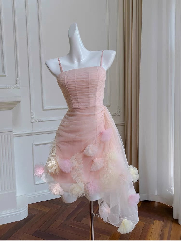 Cute Sheath Spaghetti Straps Pink Short Tulle Homecoming Dresses Cocktail Dress
