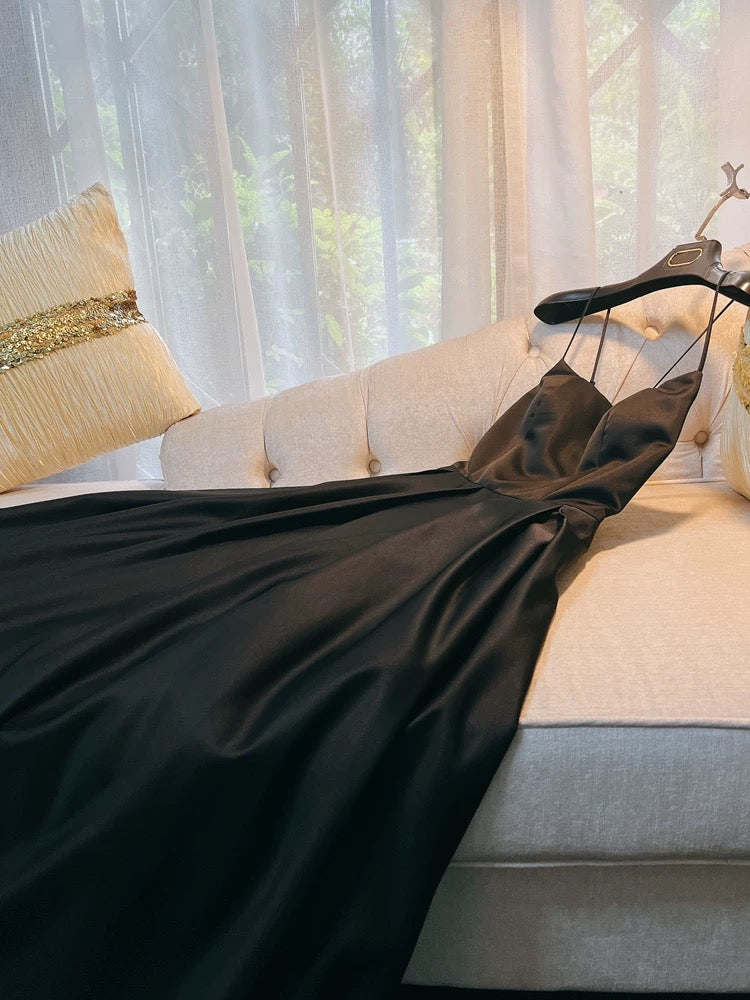 Simple A line Straps Black Satin Long Prom Dresses Simple Party Dress