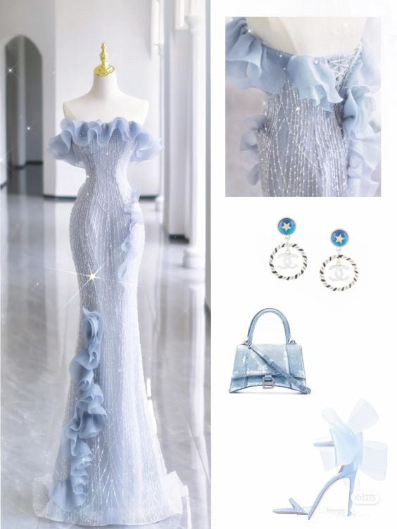 Stunning Sheath Strapless Blue Sequin Long Prom Dresses Simple Party Dress