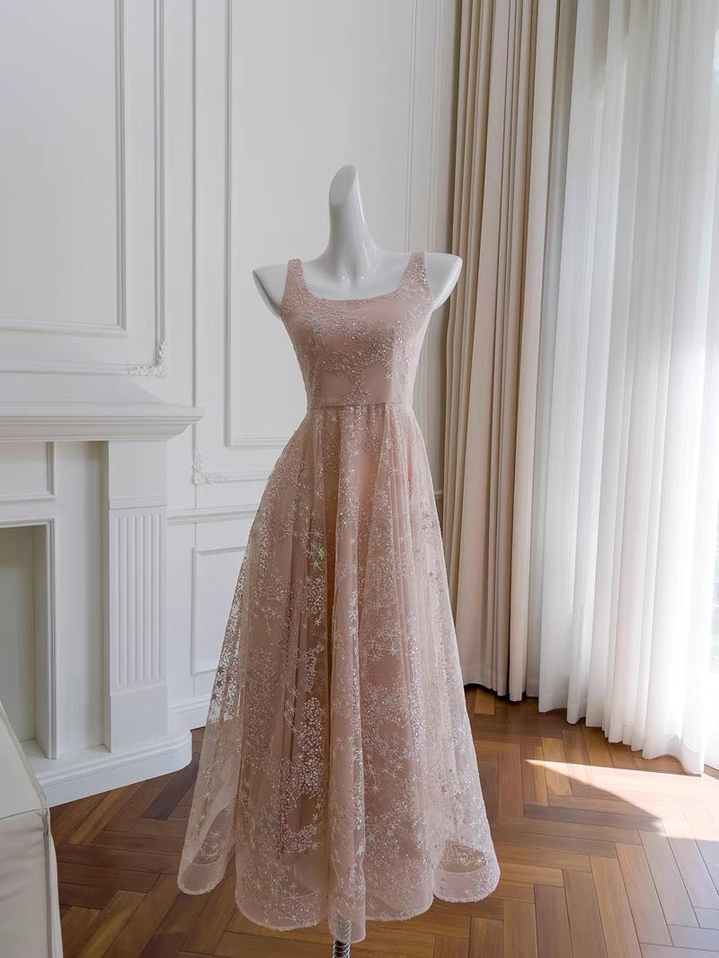 Chic A line Straps Pink Sequin Prom Dresses Sexy Evening Dress