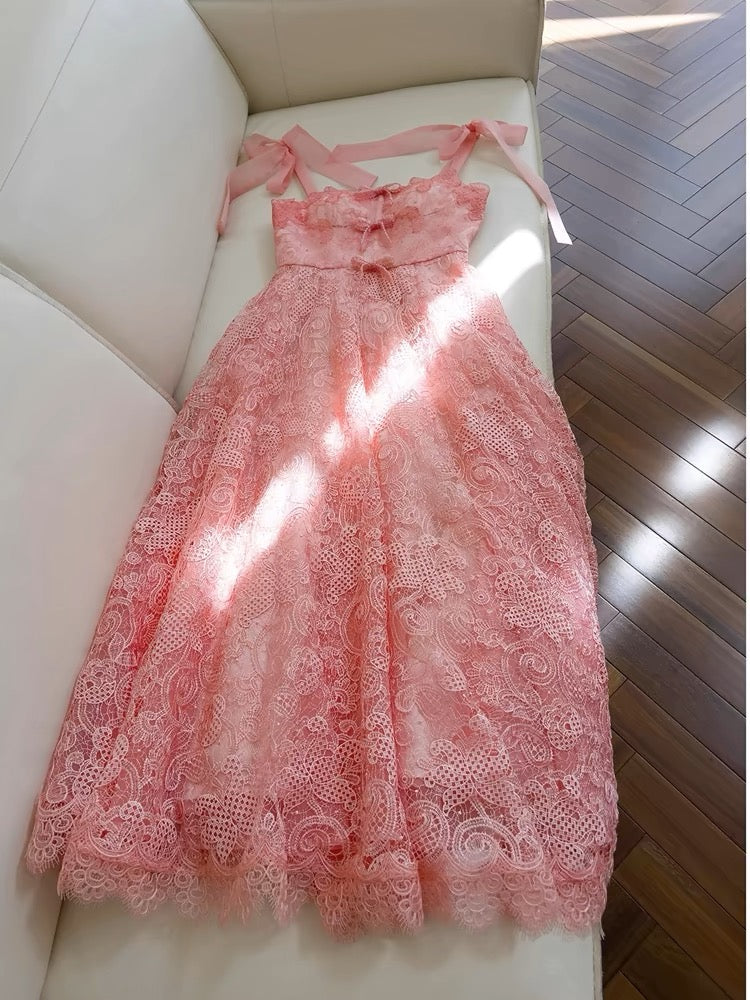 Elegant A line Straps Pink Lace Prom Dresses Sexy Evening Dress With Bows