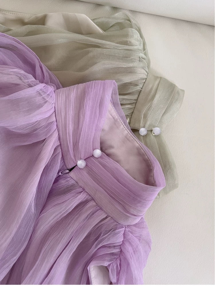 Elegant A line High Neckline Chiffon Lilac Prom Dresses Evening Dress With Ribbons