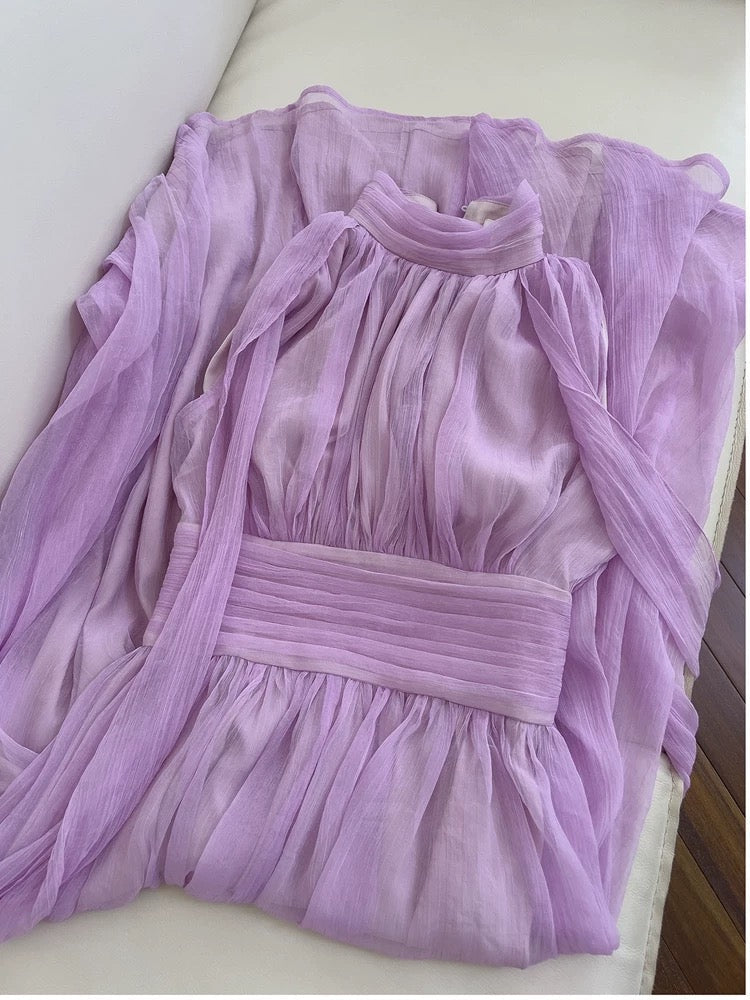 Elegant A line High Neckline Chiffon Lilac Prom Dresses Evening Dress With Ribbons