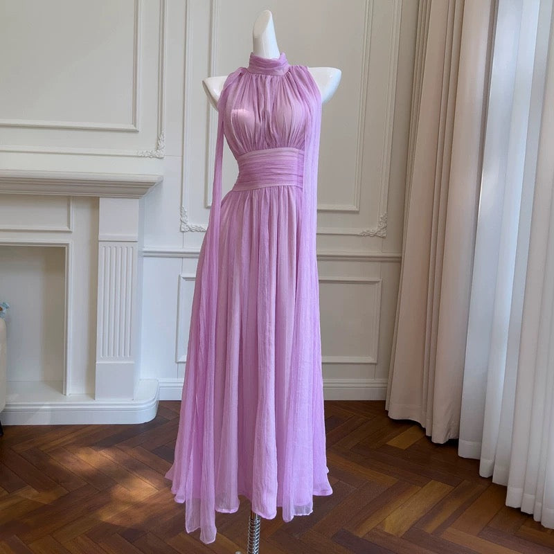 Elegant A line High Neckline Chiffon Lilac Prom Dresses Evening Dress With Ribbons