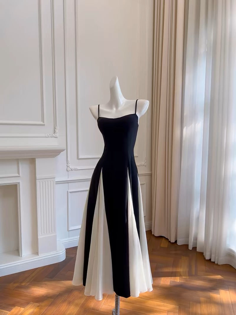 Elegant A line Spaghetti Straps Black Chiffon Prom Dresses Evening Dress