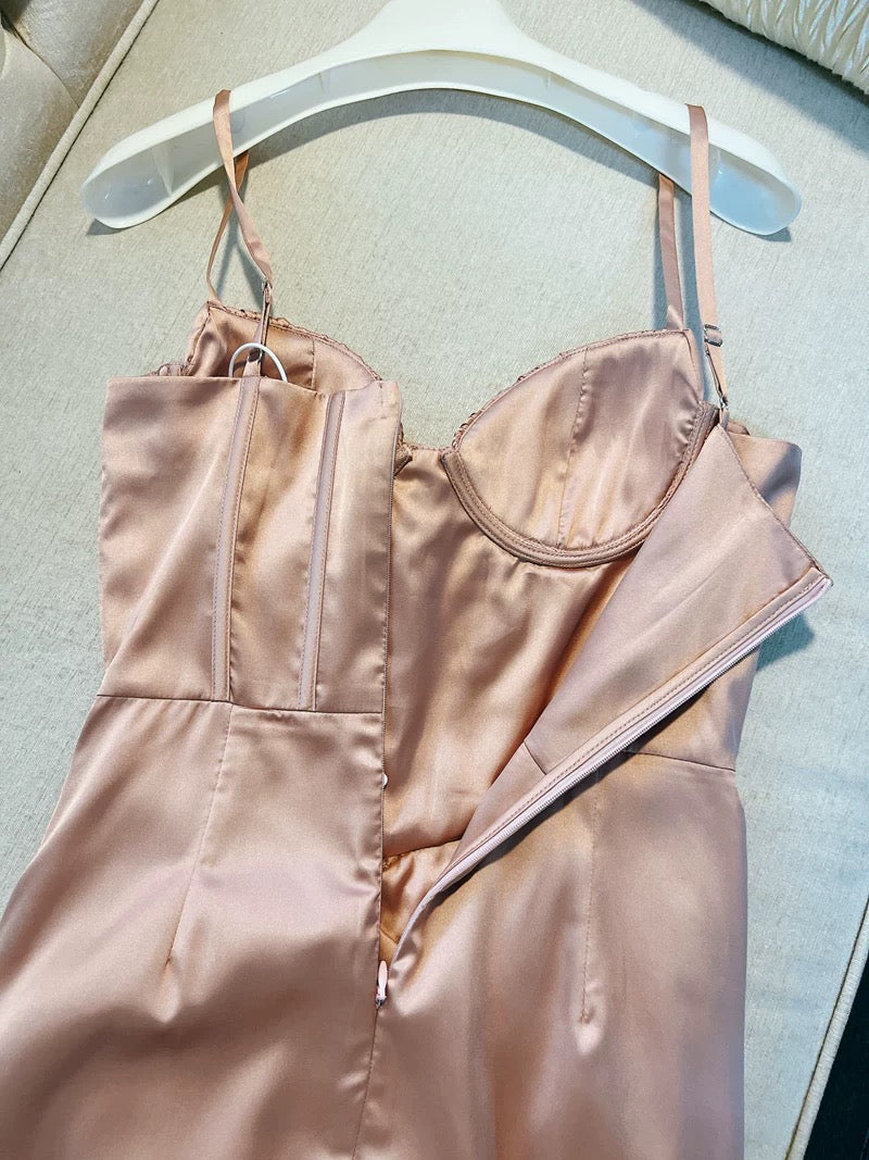 Simple A Line Spaghetti Straps Satin Slit Blush Pink Prom Dress