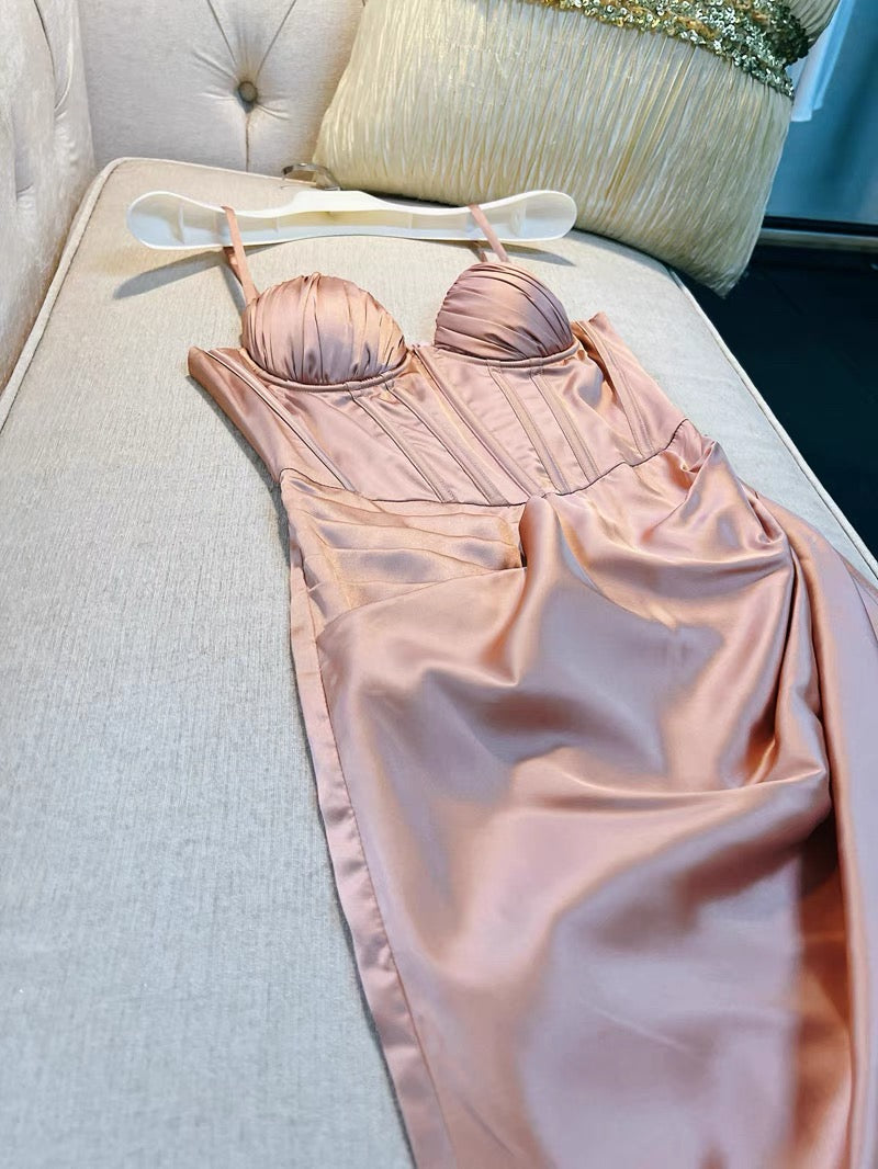 Simple A Line Spaghetti Straps Satin Slit Blush Pink Prom Dress