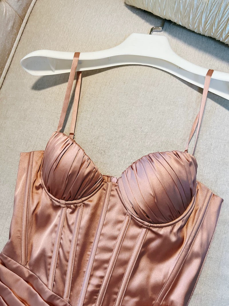Simple A Line Spaghetti Straps Satin Slit Blush Pink Prom Dress