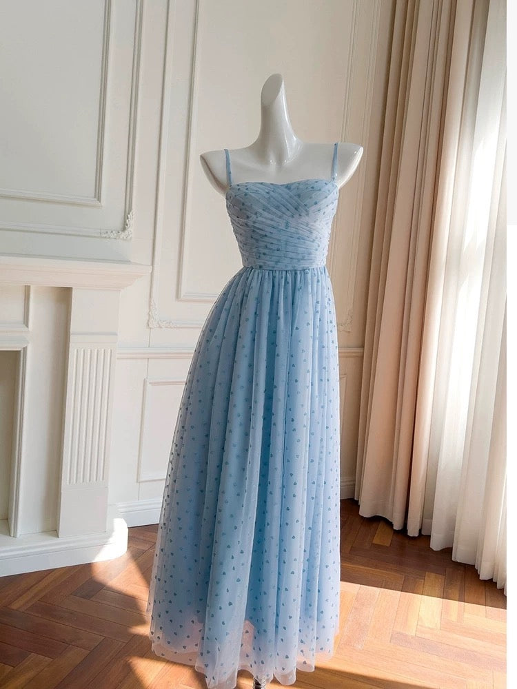 Simple A Line Spaghetti Straps Tulle Blue Prom Dress Evening Dresses