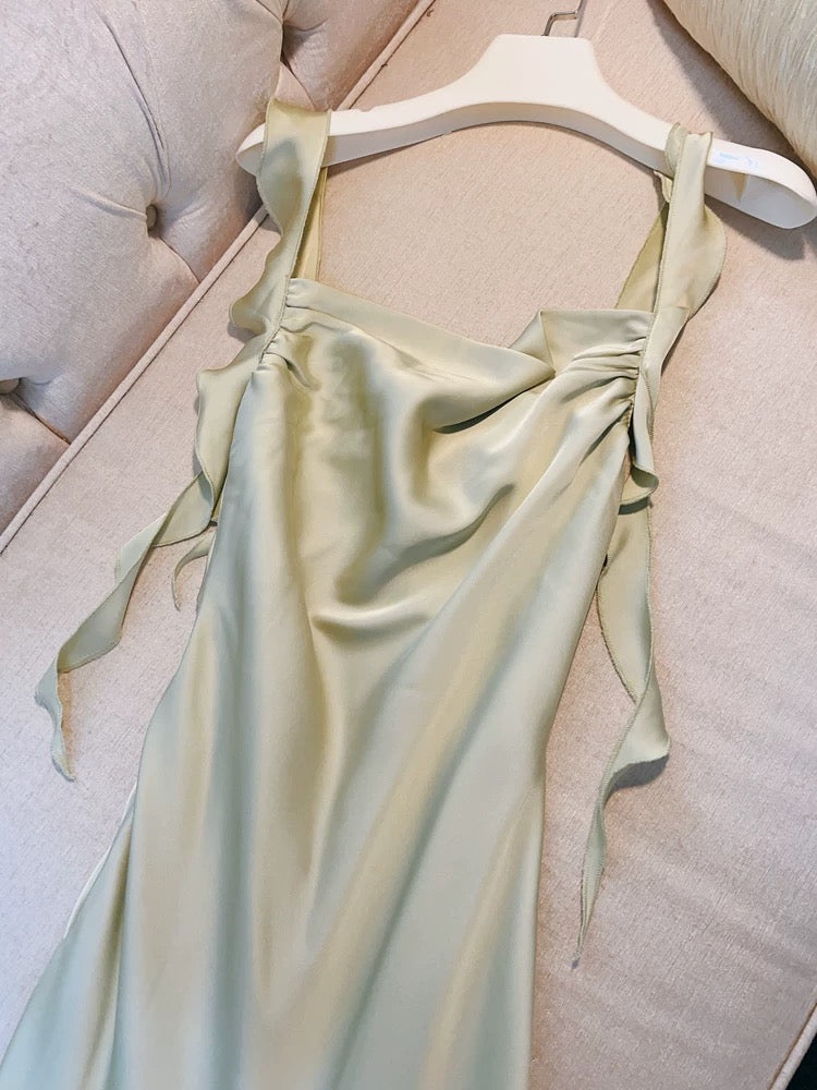 Simple Sheath Straps Sleeveless Silk Satin Sage Green Prom Dress Evening Dresses