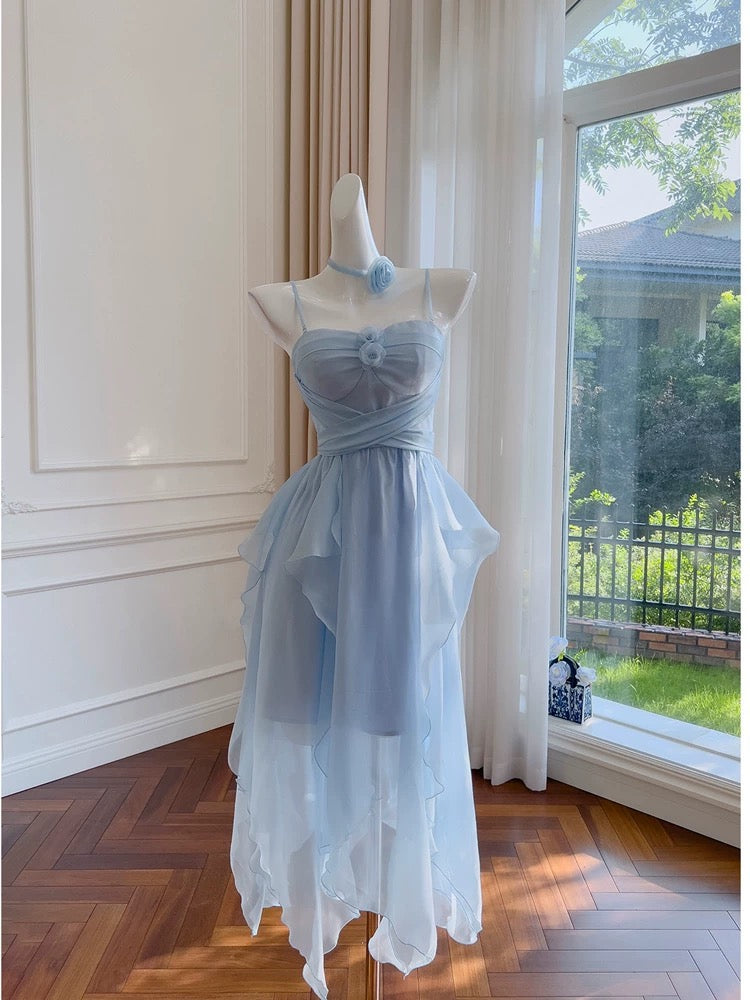 Simple A line Spaghetti Straps Chiffon Blue Homecoming Dress Birthday Dresses