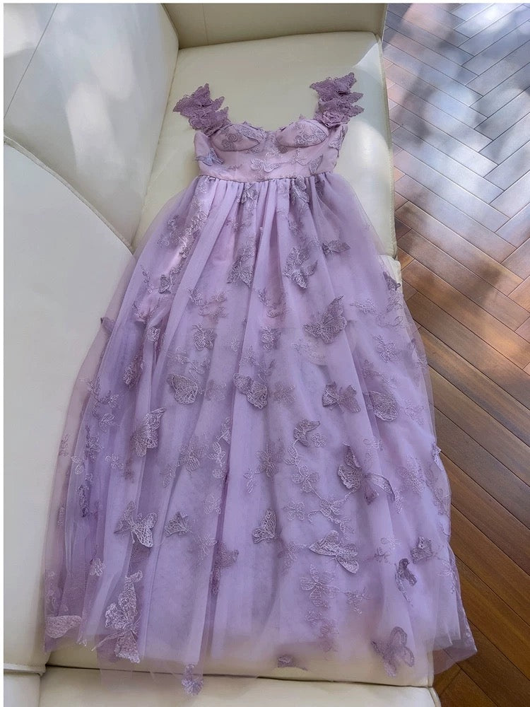 Elegant A Line Straps Sleeveless Lilac Lace Prom Dress Evening Dresses