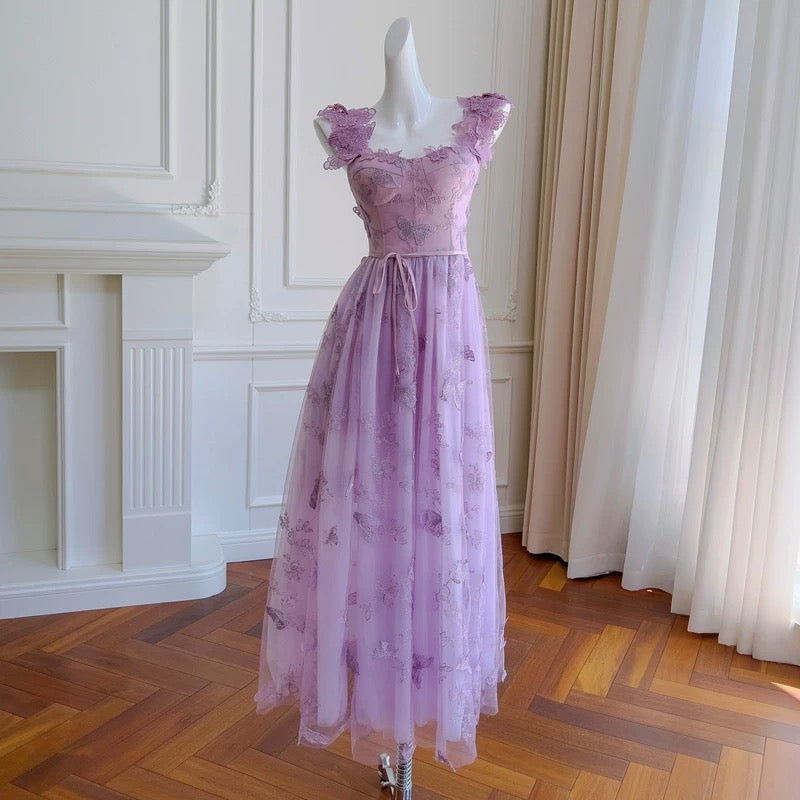 Elegant A Line Straps Sleeveless Lilac Lace Prom Dress Evening Dresses