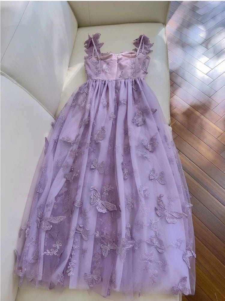 Elegant A Line Straps Sleeveless Lilac Lace Prom Dress Evening Dresses