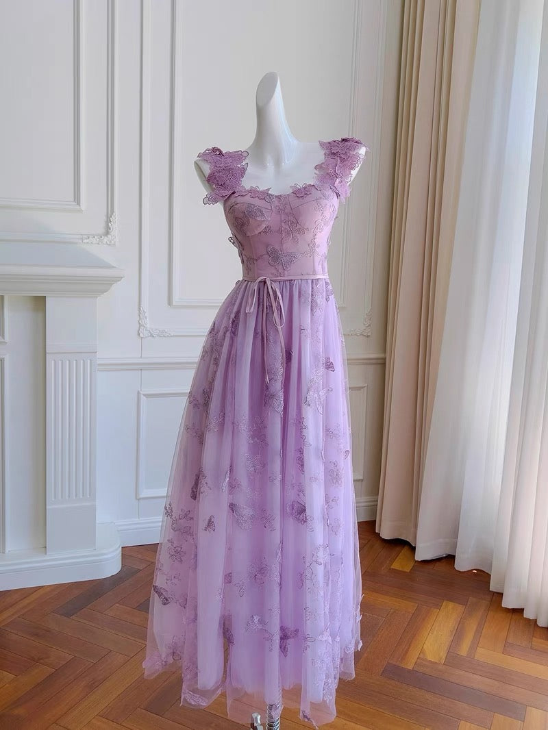 Elegant A Line Straps Sleeveless Lilac Lace Prom Dress Evening Dresses