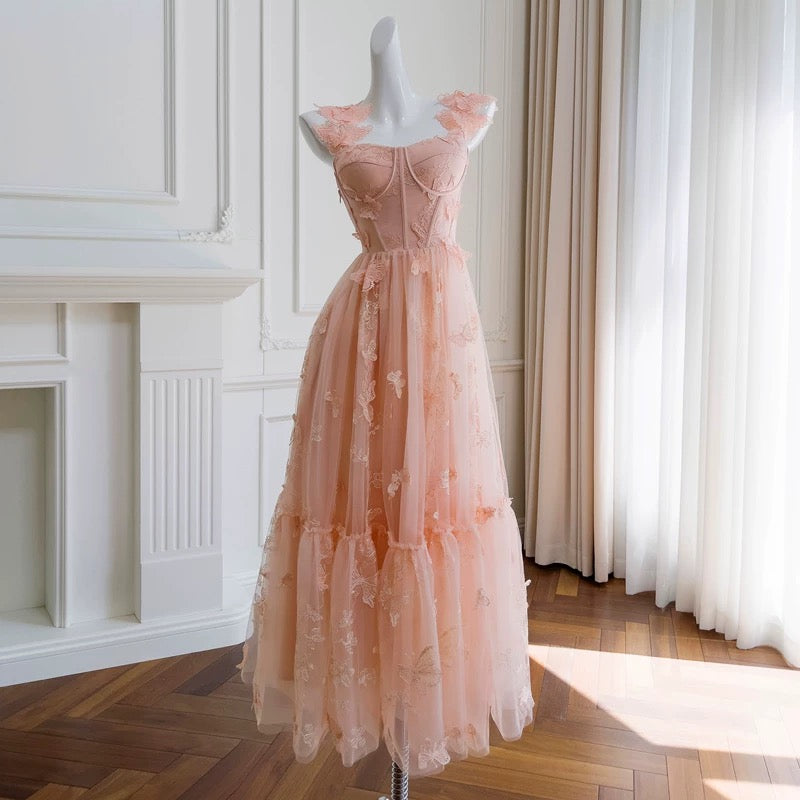 Elegant A Line Straps Sleeveless Blush Pink Lace Prom Dress Evening Dresses