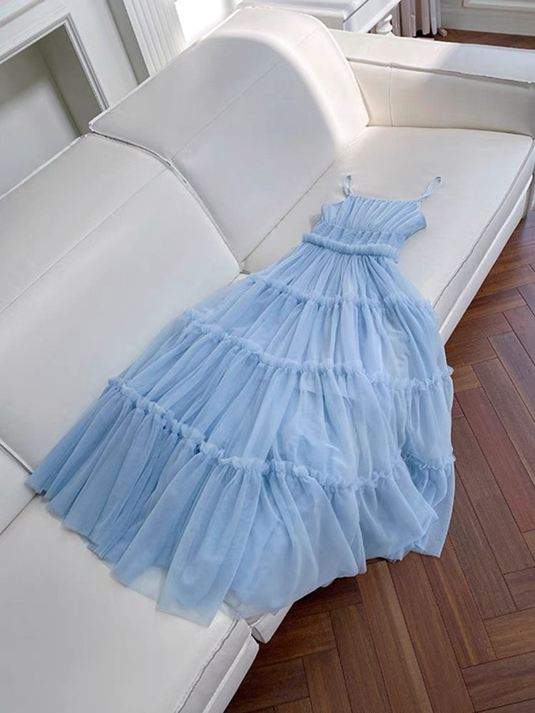 Simple A line Sleeveless Blue Tulle Prom Dress Evening Dresses