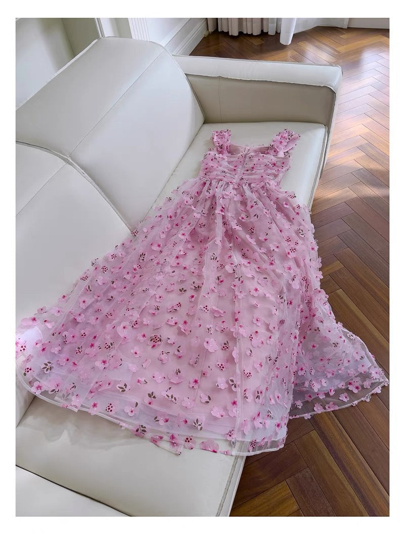 Modest A line Straps Sleeveless Pink Tulle Flowers Prom Dress Evening Dresses