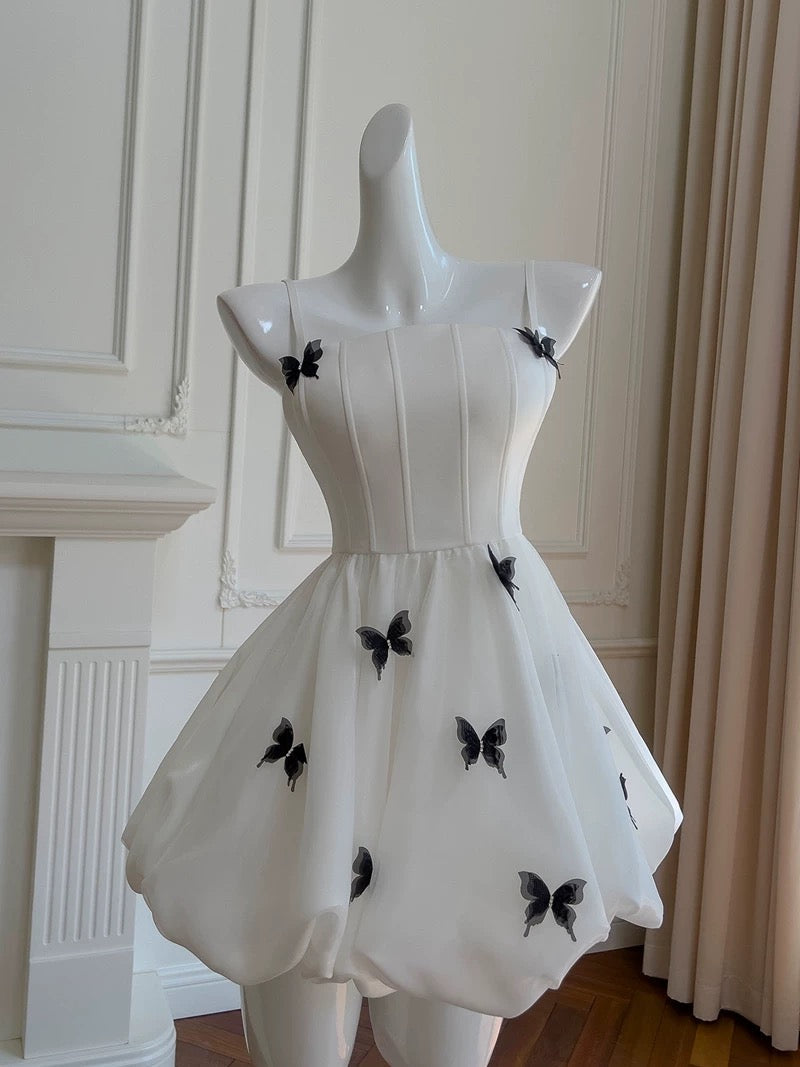 Cute A line Spaghetti Straps White Short Homecoming Dress Birthday Dresses With Butterfly