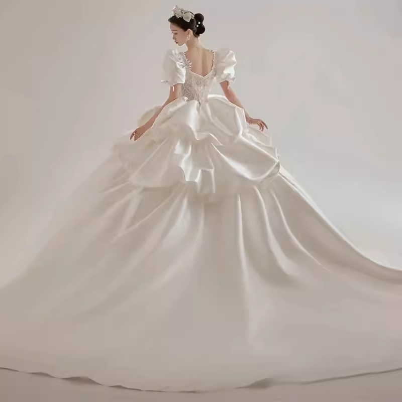 Luxury Ball Gown Square Neckline Short Sleeves Lace White Wedding Dress