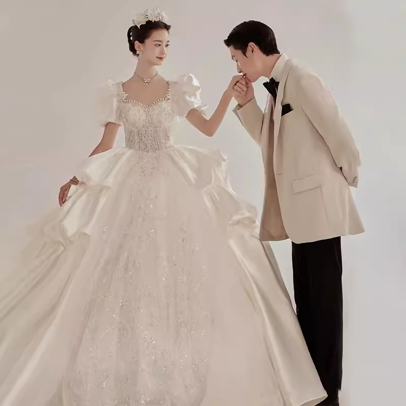 Luxury Ball Gown Square Neckline Short Sleeves Lace White Wedding Dress