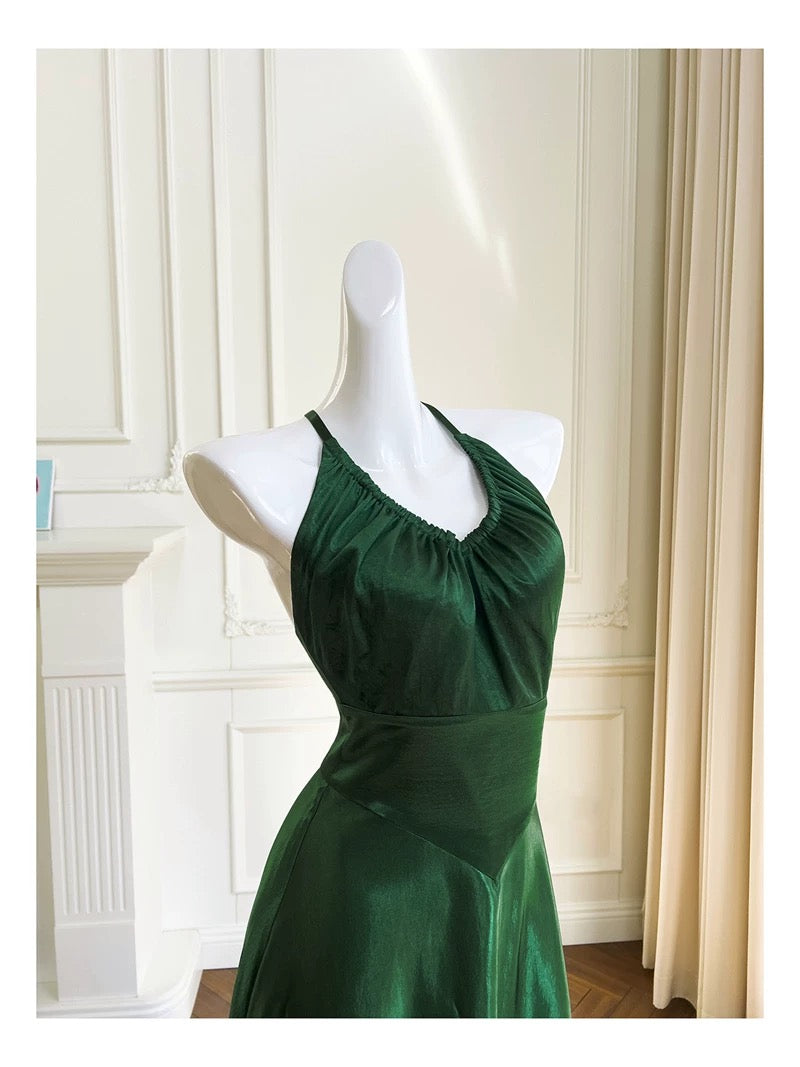 Sexy A Line Halter Sleeveless Green Satin Prom Dresses
