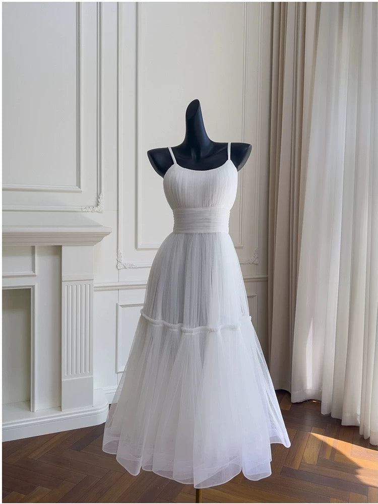 Sexy A Line Spaghetti Straps Sleeveless Tulle White Prom Dresses