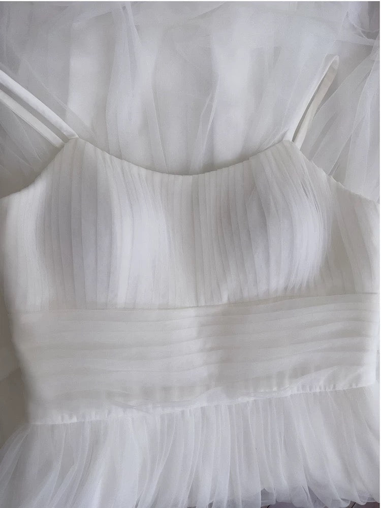 Sexy A Line Spaghetti Straps Sleeveless Tulle White Prom Dresses