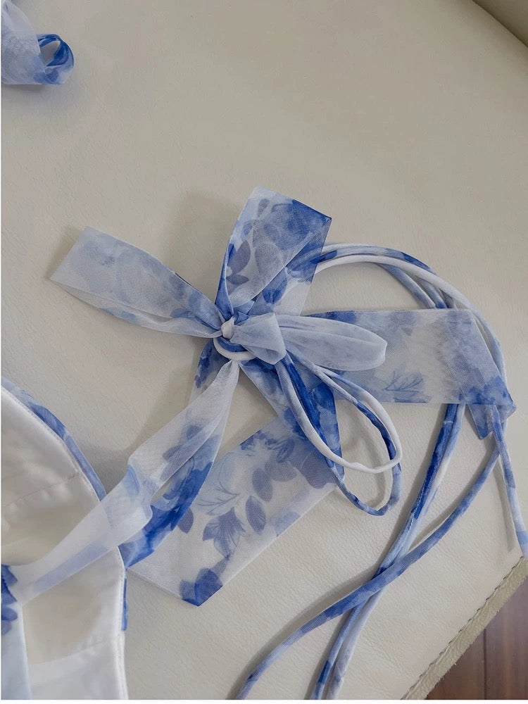 Sexy A line Spaghetti Straps Sleeveless Floral Blue Chiffon Prom Dresses