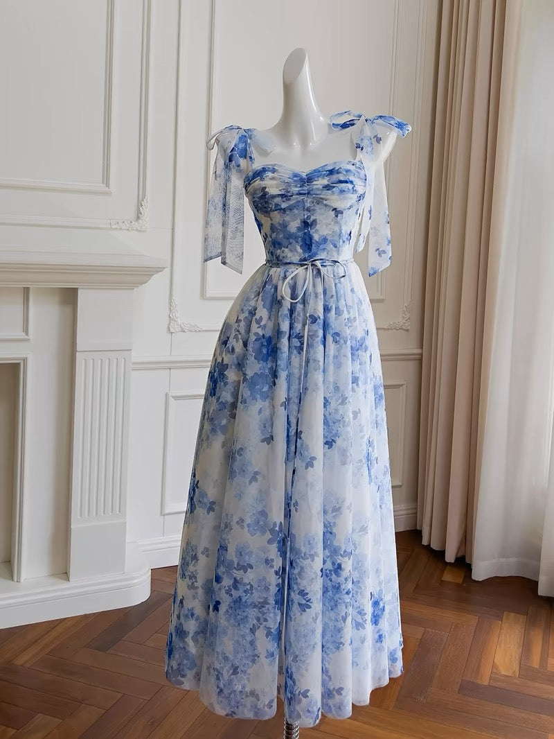 Sexy A line Spaghetti Straps Sleeveless Floral Blue Chiffon Prom Dresses