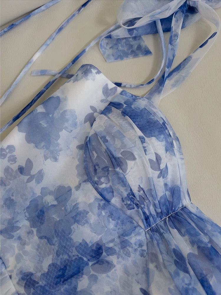 Sexy A line Spaghetti Straps Sleeveless Floral Blue Chiffon Prom Dresses