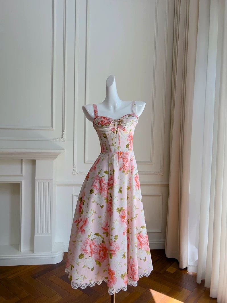 Sexy A line Spaghetti Straps Sleeveless Floral Pink Chiffon Prom Dresses