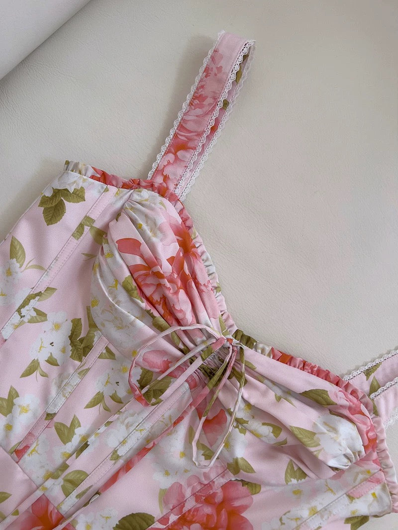 Sexy A line Spaghetti Straps Sleeveless Floral Pink Chiffon Prom Dresses