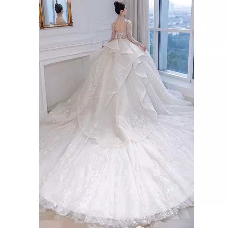 Luxury Ball Gown V Neckline Long Sleeves Lace Wedding Dress