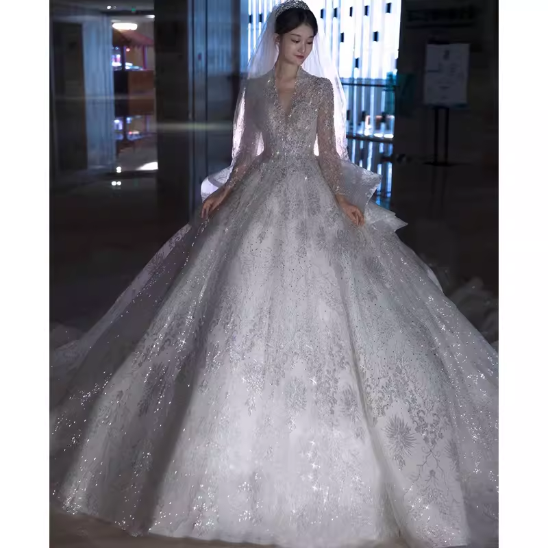 Luxury Ball Gown V Neckline Long Sleeves Lace Wedding Dress
