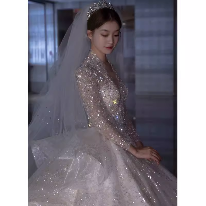 Luxury Ball Gown V Neckline Long Sleeves Lace Wedding Dress