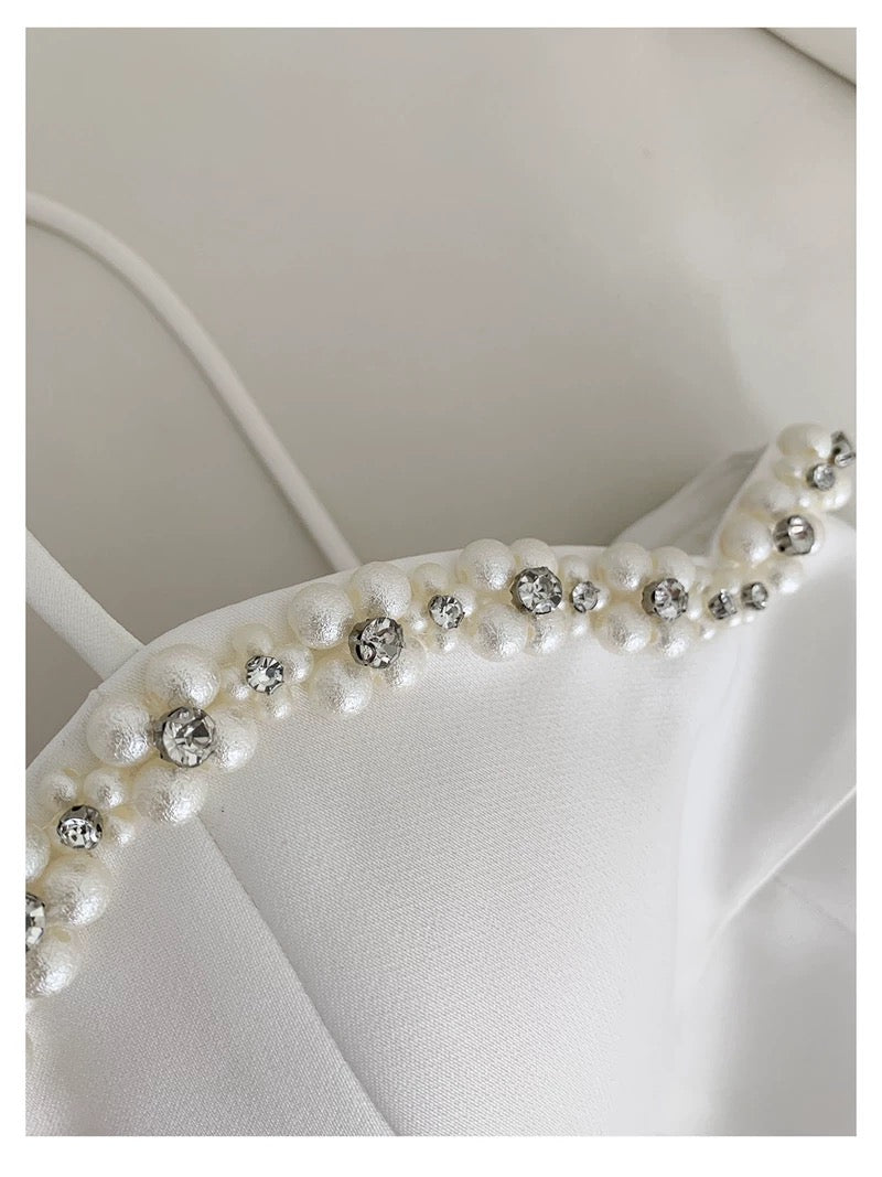 Cute A line Spagetti Straps White Short Pearls Homecoming Dress Birthday Dresses