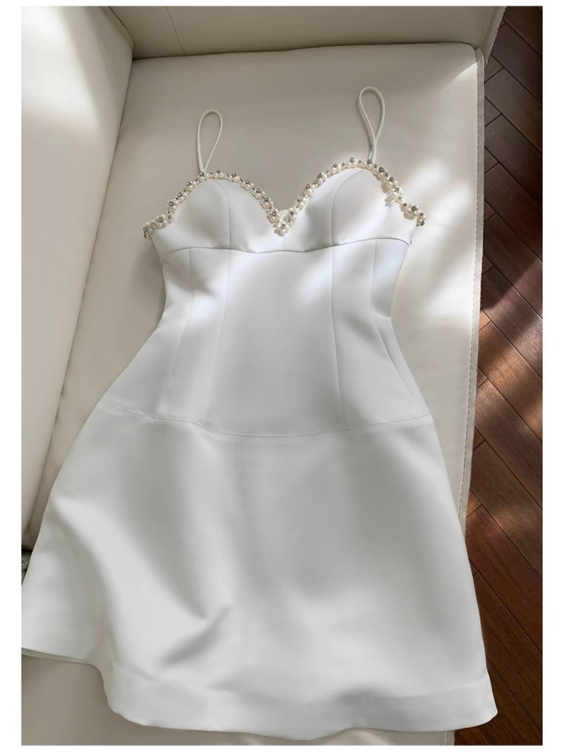 Cute A line Spagetti Straps White Short Pearls Homecoming Dress Birthday Dresses
