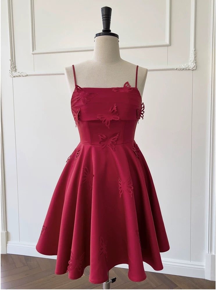 Simple A line Straps Burgundy ShortHomecoming Dress Birthday Dresses With Butterfly