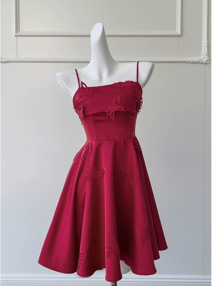 Simple A line Straps Burgundy ShortHomecoming Dress Birthday Dresses With Butterfly