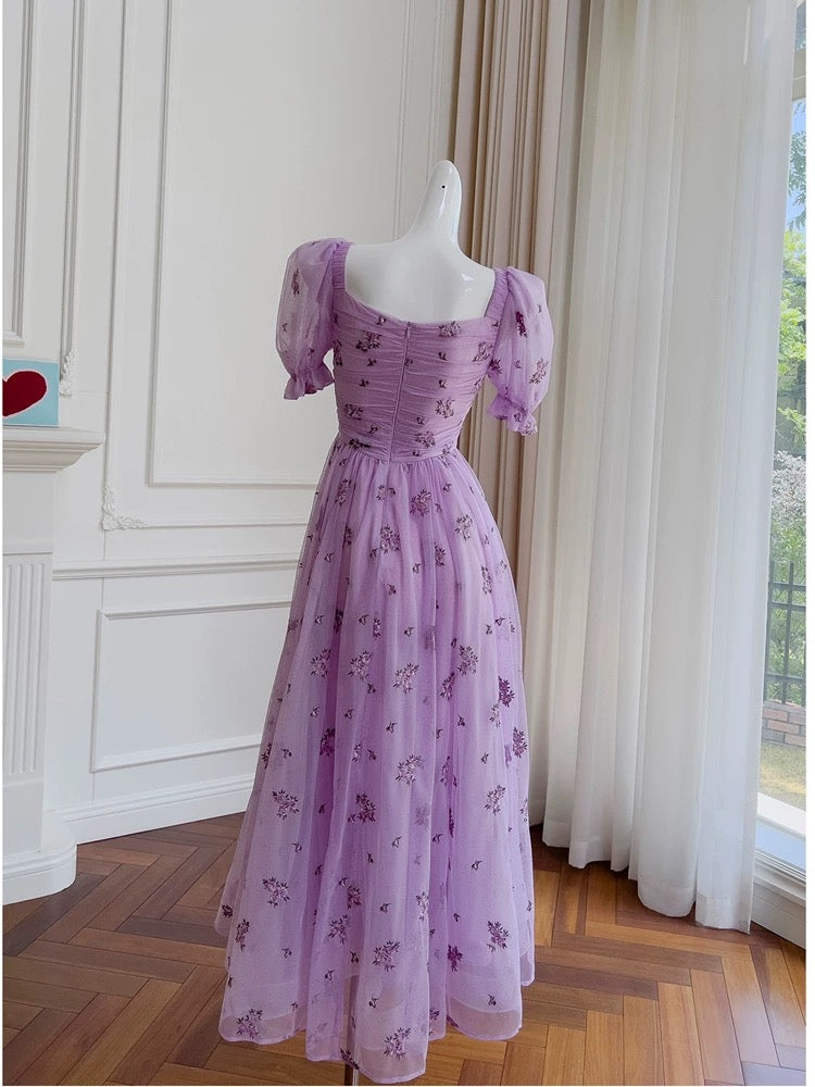 Vintage A line V Neckline Short Sleeves Lilac Tulle Flowers Prom Dress Evening Dresses